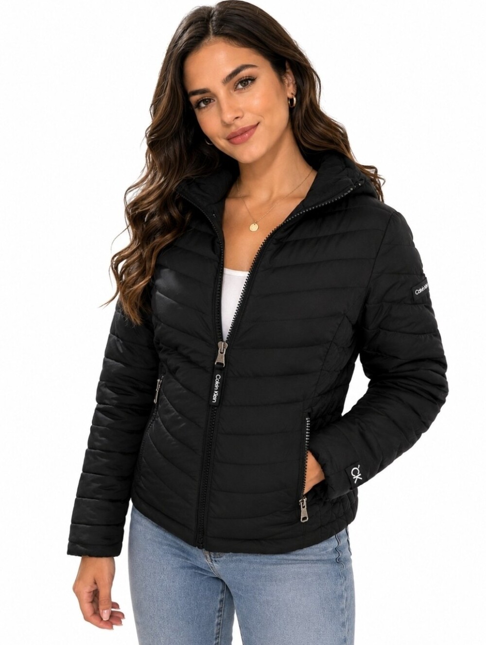 Calvin Klein Women's Black Puffer Jacket with Logo Zipper